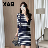 XAQ高端條紋套裝女秋冬時(shí)尚名媛氣質(zhì)小香風(fēng)連衣裙針織上衣配半身短裙 寶藍(lán)色 S