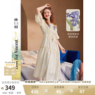 兩三事度假風(fēng)法式連衣裙女茶歇24夏季復古刺繡方領(lǐng)短袖裙子嗜好冷鳶 米杏色 M