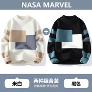 NASA MARVEL撞色拼接毛衣男冬季新款韓版潮流休閑百搭寬松針織衫 米白+黑色 3XL （約150-170斤可穿）