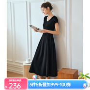Olrain歐芮兒深灰色連衣裙女裝夏季新款時(shí)尚收腰顯瘦傘擺裙子 黑色 S