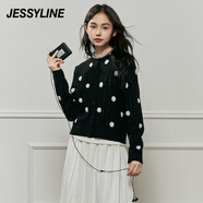 Jessy line杰茜萊黑白拼色小清新短針織開(kāi)衫女秋新款打底毛衣 商場(chǎng)同款 黑色 XS/155