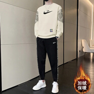 休閑運動(dòng)套裝男士春秋季新款時(shí)尚潮牌高端衛衣衛褲兩件套男裝秋裝 杏色加絨套裝 3XL 建議160-180斤