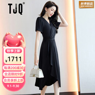 TJQ奢侈高檔品牌2025夏季新款時尚氣質名媛洋氣顯瘦女裝絕美V領裙子 黑色【禮盒包裝】 XL 【推薦115-125斤】