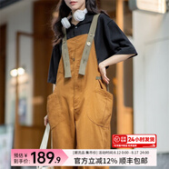馬登女裝 美式復古減齡寬松背帶褲大口袋直筒寬松吊帶連體工裝長(cháng)褲 卡其黃 馬登工裝 S