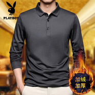 花花公子（PLAYBOY）秋冬中年男士純色加絨加厚純棉長(zhǎng)袖T恤爸爸裝翻領(lǐng)休閑保暖體恤衫 深灰(加絨) 加厚 M 165