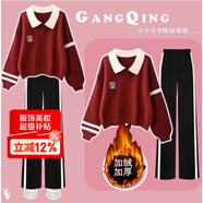 莞町青少年女大童13-15歲初中生12-15歲女孩衣服秋季套裝2025年新款 紅色上衣＋條紋褲（加絨加厚） 160 cm