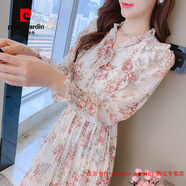 皮爾卡丹（pierre cardin）復(fù)古甜美荷葉領(lǐng)收腰顯瘦印花連衣裙女士2025秋季新款雪紡百褶裙子 米色 S