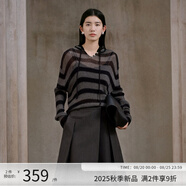 阿依蓮針織衫女薄款秋季2025新款洋氣休閑條紋連帽毛衣寬松顯瘦上衣外搭 隕石黑 S