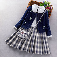 泡泡橙（BUBBLE ORANGE）女童毛衣連衣裙秋冬針織開(kāi)衫外套長(cháng)袖公主裙兒童三件套裙子3-12歲 寶藍常規3(開(kāi)衫+連衣裙+挎包) 150碼(建議高140左右)