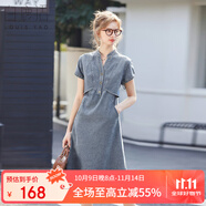 白鹿語夏季V領簡約A字牛仔裙可調節(jié)袖口時尚連衣裙 藍色  L 