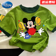 迪士尼（Disney）男童洋氣百搭純棉拼色短袖2025夏季米奇印花日韓童裝上衣 綠領(lǐng)綠衣【搞怪米奇】 90 尺碼1~2歲【 80-90cm】