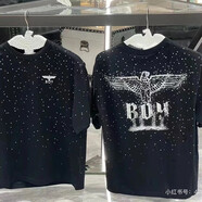 BOY美式滿天星燙鉆新款棉短袖T恤男女夏季寬松上衣多巴胺chic鑲鉆 黑 S