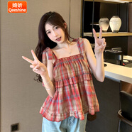 婍妡（Qeeshine）姐妹閨蜜裝紅色格子吊帶連衣裙子女裝夏季2025新款森系小清新長(cháng)裙 格子上衣 XL 建議125斤以上