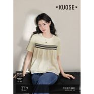 闊色（kuose）米白色繡花拼接娃娃衫女春夏季新款短袖小衫T恤寬松上衣 杏色 L