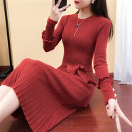 蘭伶坊女裝長(zhǎng)款針織連衣裙長(zhǎng)袖毛衣裙2024春季新款時(shí)尚秋冬打底毛線裙子 紅色_如圖95cm S _建議95斤以下