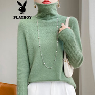 花花公子（PLAYBOY）2025休閑新品羊.毛衫女堆堆領(lǐng)毛衣鏤空提花羊.絨衫高領(lǐng)針織打底 松石綠 【原版】官方旗艦版 S