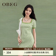 OBEG歐碧倩U領薄荷曼波針織連衣裙夏修身棋盤格短裙10462045 果綠格 XS /155/34