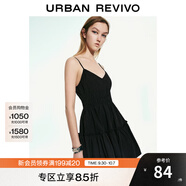 UR2025夏季新款女裝波嬉風V領肌理感吊帶連衣裙UYY750019 正黑 S