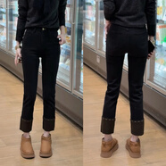MEOD2025冬季新款高腰撞色拼接時尚加絨牛仔褲氣質(zhì)顯瘦直筒黑色牛仔褲 黑色【不加絨】 2XL 【建議 125-140斤】