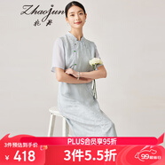 兆君2024春夏桑蠶絲新款中式提花連衣裙女端莊大氣古風(fēng)短袖裙子 亞麻藍(lán) L