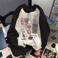 文頗100%純棉面料美式街頭hiphop拼接圓領(lǐng)衛(wèi)衣女秋冬寬松百搭慵懶風(fēng)上 純棉A4-76-插肩-黑灰薄款 S