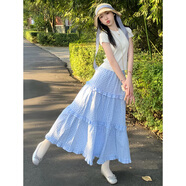 九寸陽(yáng)光藍色格子半身裙女蛋糕裙秋新款高腰顯瘦a字傘裙拼接長(cháng)裙甜美溫柔 藍色 M