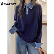 花花公子牛仔袖拼接毛衣女秋冬2025新款寬松POLO領(lǐng)針織衫 藏青色 均碼