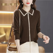 夏典素訂女王（SE.PSTP）2025新款春秋時(shí)尚薄款長(cháng)袖t恤女翻領(lǐng)針織打底衫毛衣線(xiàn)衫 咖啡色原創(chuàng  )輕奢大品牌官方旗艦 S 建議95斤內