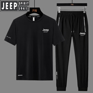 JEEP SPIRIT吉普 運動套裝男短袖T恤夏季冰絲薄款速干長褲跑步寬松大碼兩件套 黑色-兩件套-束腳 L