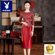 花花公子（PLAYBOY）喜婆婆婚宴裝2025新款婚禮禮服小個子媽媽假兩件喜服高貴年輕 酒紅色7分袖 M