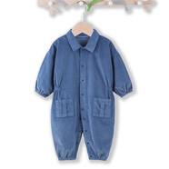 傲貝美（AOBEIMEI）粗條絨兒童連體罩衣翻領(lǐng)1歲2連體褲秋冬長(cháng)袖寶寶護衣全身防臟罩褲 7026陽(yáng)光小熊藍色 73