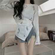 女秋季薄紗防曬罩衫不規則鏤空針織衫中長(cháng)款寬松開(kāi)叉別致小衫上衣 白色 均碼