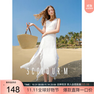 三彩2025春季新款花邊V領(lǐng)小白裙連衣裙木耳邊開叉長裙度假風(fēng)M