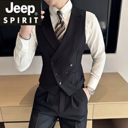 JEEP SPIRIT吉普西裝馬甲套裝男商務(wù)韓版修身馬夾雙排扣V領(lǐng)設(shè)計新郎伴郎西裝 黑色【馬甲+西褲】 M