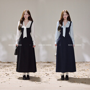 RICH IN CHEESE舒胡蕾 日漫少女 韓系同色系撞色拼接蝴蝶結收腰連衣裙短裙  藏藍色 系帶收腰，左側邊拉鏈 S （100斤以?xún)龋?
                                         title=