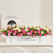 仿真花實木柵欄套裝假花雛菊盆栽裝飾花客廳裝飾品餐桌擺件 玫紅色田園小菊套裝 長50厘米備注木盒顏色