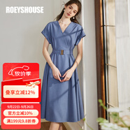 ROEYSHOUSE羅衣高級通勤連袖大擺連衣裙初夏新款V領藍色系帶中長裙10183 藍色 M