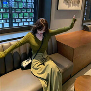 她意美入春搭配一整套大尺碼胖mm針織衫半身裙牛油果綠時尚減齡漂亮套裝 綠色針織衫 【單件】 M