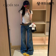 OLDER SEA深藍色直筒闊腿牛仔褲女2025年新款百搭窄版小個(gè)子寬松微喇褲子女 深藍色 M 推薦95-105斤