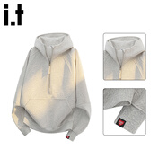 :CHOCOOLATEit美式連帽衛衣女秋季重磅高街半拉鏈休閑上衣 白花灰   M