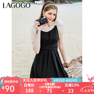 lagogo拉谷谷夏季新款黑色高腰拼接收腰氣質(zhì)連衣裙女法式設(shè)計(jì)感 黑米（WT） S 155/36