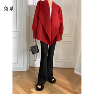 兔系蝙蝠衫女秋款高克重雙面針織加厚氣質(zhì)翻領(lǐng)寬松大毛衣秋冬外套 復(fù)古紅 均碼