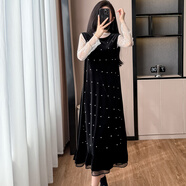 家隆名秀2025秋新款法式釘珠絲絨無袖連衣裙女禮服長裙 蕾絲+背心裙 L