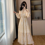梢巷歐美港風(fēng)韓國(guó)chic荷葉邊碎花長(zhǎng)裙女休閑設(shè)計(jì)感邊泡泡袖連衣裙 圖片色 M