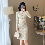 SXA香港潮牌秋冬針織連衣裙女新款金絲撞色長(cháng)袖高腰A字氣質(zhì)毛衣裙 杏色 XL