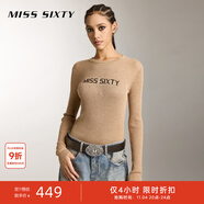 MISS SIXTY羊毛含桑蠶絲針織衫女撞色提花坑條羅紋長袖上衣打底衫 駝色 L
