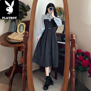 花花公子（PLAYBOY）法式復古假兩件燈芯絨拼接長(cháng)裙氣質(zhì)秋冬大碼胖設計感立領(lǐng)連衣裙 灰色【版氣質(zhì)/法式溫柔/小眾超好看/氣質(zhì)名媛風(fēng)/時(shí) L 105-120斤