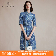 MORELINE沐蘭法式優(yōu)雅印花連衣裙2025春新款設(shè)計(jì)感立領(lǐng)七分袖襯衫裙中長款 蘭白花 2XL