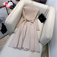 皮爾卡丹秋冬新款針織中長(cháng)款配大衣連衣裙a字高腰遮肚減齡大碼女裝長(cháng)裙女 卡其色 2XL 建議135-150斤