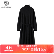 牧什山羊絨裙女100%純羊絨連衣裙純色半高領針織連衣裙腰帶長裙QP521 印黑色 均碼